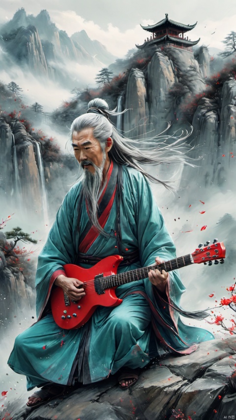chinese waterink,monochrome,a strong chinese old male with long gray facial hair,playing red ((electric)) guitar,crazy shouting,detailed face,standing on rock stage,wearing cyan hanfu,floating gray hair,bent over,looking_at_viewer,upper_body ,chinese classical house and green and red mountain and sky  background,hyperrealism,ultra high res,4K,Best quality,masterpiece,ananmo