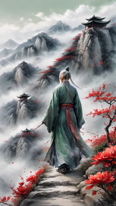  chinese waterink,monochrome,a chinese old male with long gray facial hair,floating gray hair, arms behind back,walking on mountain,looking up the sky,smile,from back,wearing cyan floating hanfu,chinese classical house and green mountain and red flowers and sky background,hyperrealism,ultra high res,4K,Best quality,masterpiece,ananmo
