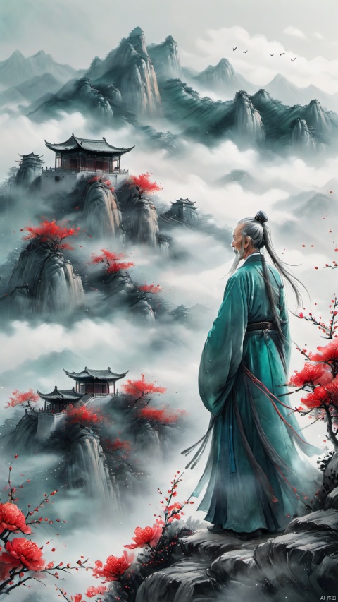  chinese waterink,monochrome,a chinese old male with long gray facial hair,floating gray hair,standing on mountaintop,stargazing ,from side,wearing cyan floating hanfu,far away,chinese classical house and green mountain and red flowers and sky background,hyperrealism,ultra high res,4K,Best quality,masterpiece,ananmo