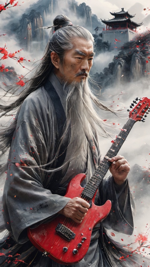  chinese waterink,monochrome,a chinese old male with long gray facial hair,playing a red electric guitar,floating gray hair,undercut,close up of head,wearing hanfu,from below,looking_at_viewer,angry serious expressions,chinese classical house and mountain and sky background,hyperrealism,ultra high res,4K,Best quality,masterpiece,ananmo