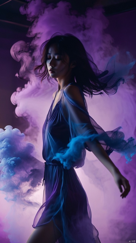 silhouette of a lonely chinese girl made of blue and purple smoke,dancing,rise arms,floating hair, brown silk short sleepwear,purple and blue neon lights  , very dark bedroom background,ethereal atmosphere, evocative hues, captivating coloration, dramatic lighting, masterpiece, best quality, epic cinematic, amazing, hyper detailed,  Ray tracing, strong contrast, 