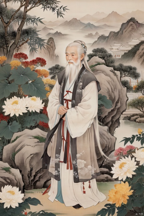 an old Chinese male with long beard and white hair,wrinkles on the face,standing on yard around many chrysanthemums and bamboo , wearing  hanfu,upper body,bend over, touching chrysanthemums ,from side,chinese classical house and mountain background,outdoor,chinese waterink,monochrome,hyperrealism,ultra high res,4K,Best quality,masterpiece,  traditional chinese ink painting