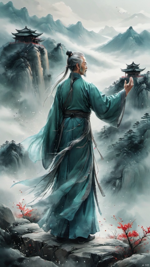  chinese waterink,monochrome,a chinese male with long gray facial hair,floating gray hair,standing on mountaintop,stargazing ,raised fists,waving arms,wearing cyan floating hanfu,far away,from below,from back,upper body,chinese classical house and green and  red mountain  and sky background,hyperrealism,ultra high res,4K,Best quality,masterpiece,ananmo