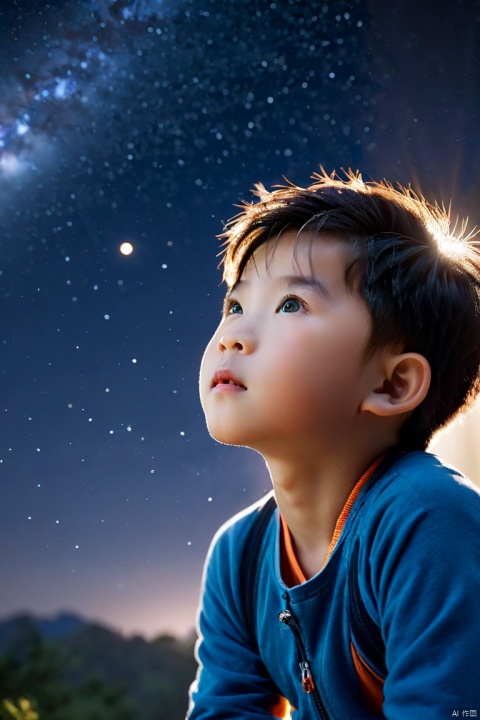  a chinese little boy,curious,surprised,happy,detailed face and eyes,upper body, watching the starry sky by a portable astronomical telescope ,full body,from_below, Glowing ambiance, enchanting radiance, luminous lighting, ethereal atmosphere, evocative hues, captivating coloration, dramatic lighting, enchanting aura, masterpiece, best quality, epic cinematic, soft nature lights, rim light, amazing, hyper detailed, ultra realistic, soft colors, photorealistic, Ray tracing, Cinematic Light, light source contrast