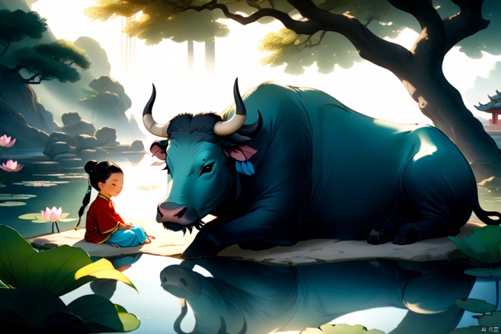  an ancient Chinese child and a water buffalo,  sleeping in shadow of a big tree, some lotus in pond, afternoon,summer, Glowing ambiance, enchanting radiance, luminous lighting, ethereal atmosphere, evocative hues, captivating coloration, dramatic lighting, enchanting aura, masterpiece, best quality, epic cinematic, soft nature lights, rim light, amazing, hyper detailed, ultra realistic, soft colors, photorealistic, Ray tracing, Cinematic Light, light source contrast, 