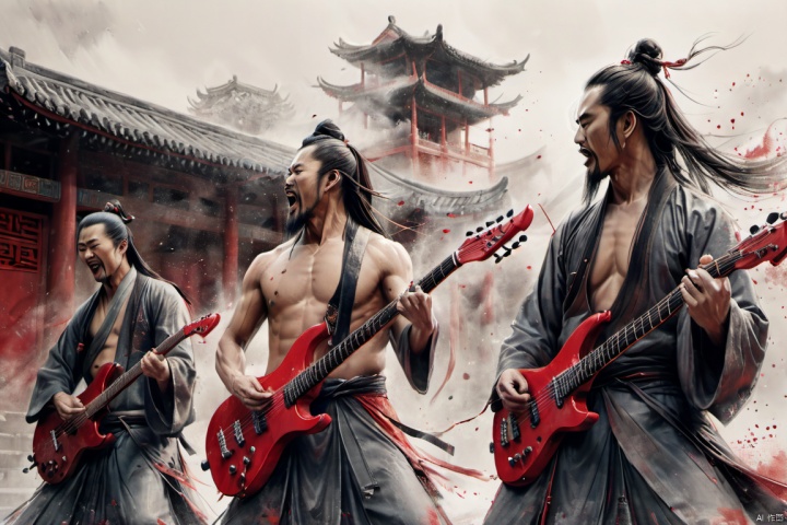  chinese waterink,monochrome,close up of rock band,3 chinese muscular males with long facial hair,bare arms,playing red electric guitar,crazy shouting,upper body,standing on wood stage,wearing hanfu,floating hair,bent over,from below,chinese classical house background,hyperrealism,ultra high res,4K,Best quality,masterpiece,ananmo
