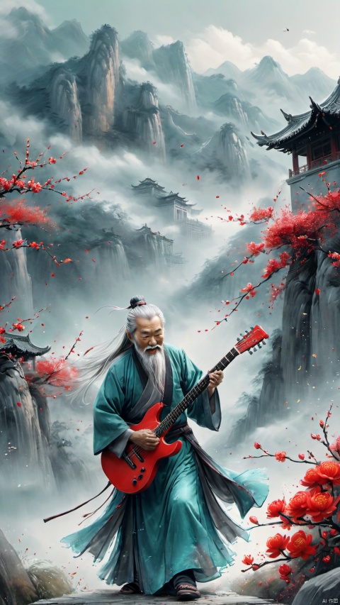 chinese waterink,monochrome,a chinese old male with long gray facial hair,opened clothes,playing red electric guitar,crazy shouting,detailed face,standing on stage,wearing cyan hanfu,floating gray hair,bent over or lean back,from below,chinese classical house and green mountain and red flowers and sky  background,hyperrealism,ultra high res,4K,Best quality,masterpiece,ananmo