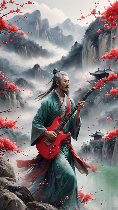 chinese waterink,monochrome,a chinese male with long facial hair,playing a red electric guitar,crazy shouting,upper body,floating gray hair,bare muscular arms,bare_shoulders , wearing cyan floating hanfu,opened clothes,from below,standing on wood stage,chinese classical house and green mountain and red flowers and sky  background,hyperrealism,ultra high res,4K,Best quality,masterpiece,ananmo