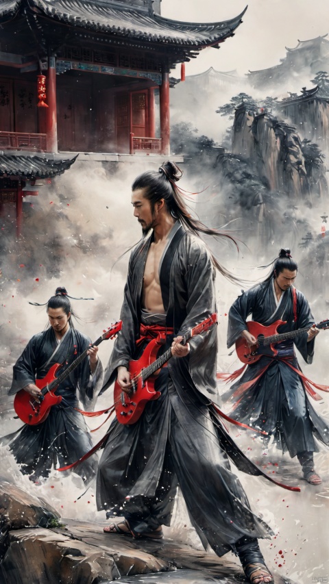  chinese waterink,monochrome,close-up of rock band,3 chinese strong males with long facial hair,bare muscular arms,bare_shoulders , opened clothes,playing red electric guitar,crazy shouting,detailed face,upper_body,standing on wood stage,wearing hanfu,floating hair,bent over,from below,chinese classical house background,hyperrealism,ultra high res,4K,Best quality,masterpiece,ananmo