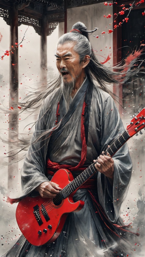  chinese waterink,monochrome,a chinese old male with long gray facial hair,playing a red electric guitar,floating gray hair,undercut,close up of head,wearing hanfu,from below,looking_at_viewer,yelling,chinese classical house background,hyperrealism,ultra high res,4K,Best quality,masterpiece,ananmo