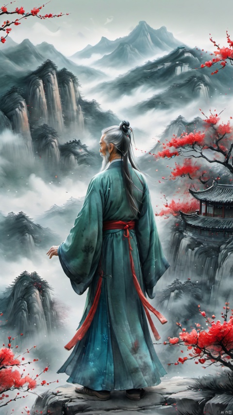  chinese waterink,monochrome,a chinese old male with long gray facial hair,floating gray hair,standing on mountaintop,stargazing ,from back,wearing cyan floating hanfu,chinese classical house and green mountain and red flowers and sky background,hyperrealism,ultra high res,4K,Best quality,masterpiece,ananmo