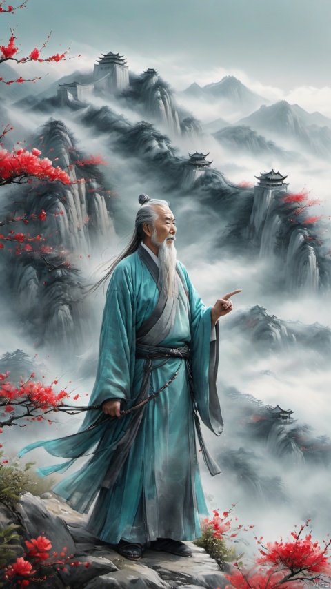  chinese waterink,monochrome,a chinese old male with long gray facial hair,floating gray hair,standing on mountaintop,close up,wearing cyan floating hanfu,pointing towards sky with one arm,from side,chinese classical house and green mountain and red flowers and sky background,hyperrealism,ultra high res,4K,Best quality,masterpiece,ananmo