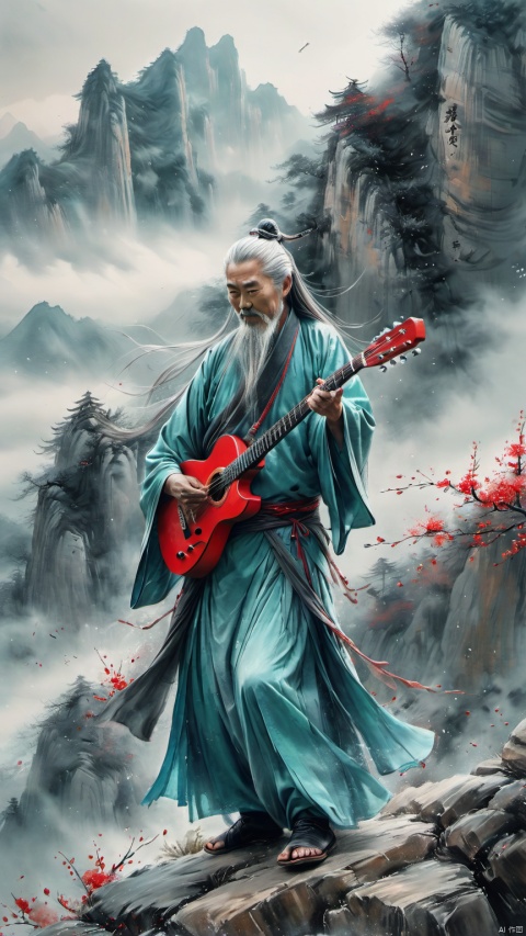chinese waterink,monochrome,a strong chinese old male with long gray facial hair,playing red ((electric)) guitar,crazy,standing on rock stage,wearing cyan hanfu,floating gray hair,from side,far away,chinese classical house and green and red mountain and sky  background,hyperrealism,ultra high res,4K,Best quality,masterpiece,ananmo