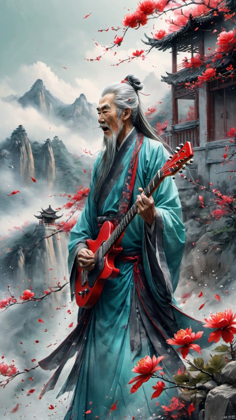 chinese waterink,monochrome,a chinese old male with long gray facial hair,playing red ((electric)) guitar,crazy shouting,detailed face,colse up,upper body,wearing cyan hanfu,floating gray hair,lean back,looking_at_viewer,from below,chinese classical house and green mountain and red flowers and sky  background,hyperrealism,ultra high res,4K,Best quality,masterpiece,ananmo