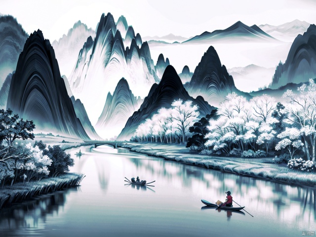 a chinese boy ridding a cow,river,mountains,reeds,masterpiece, best quality