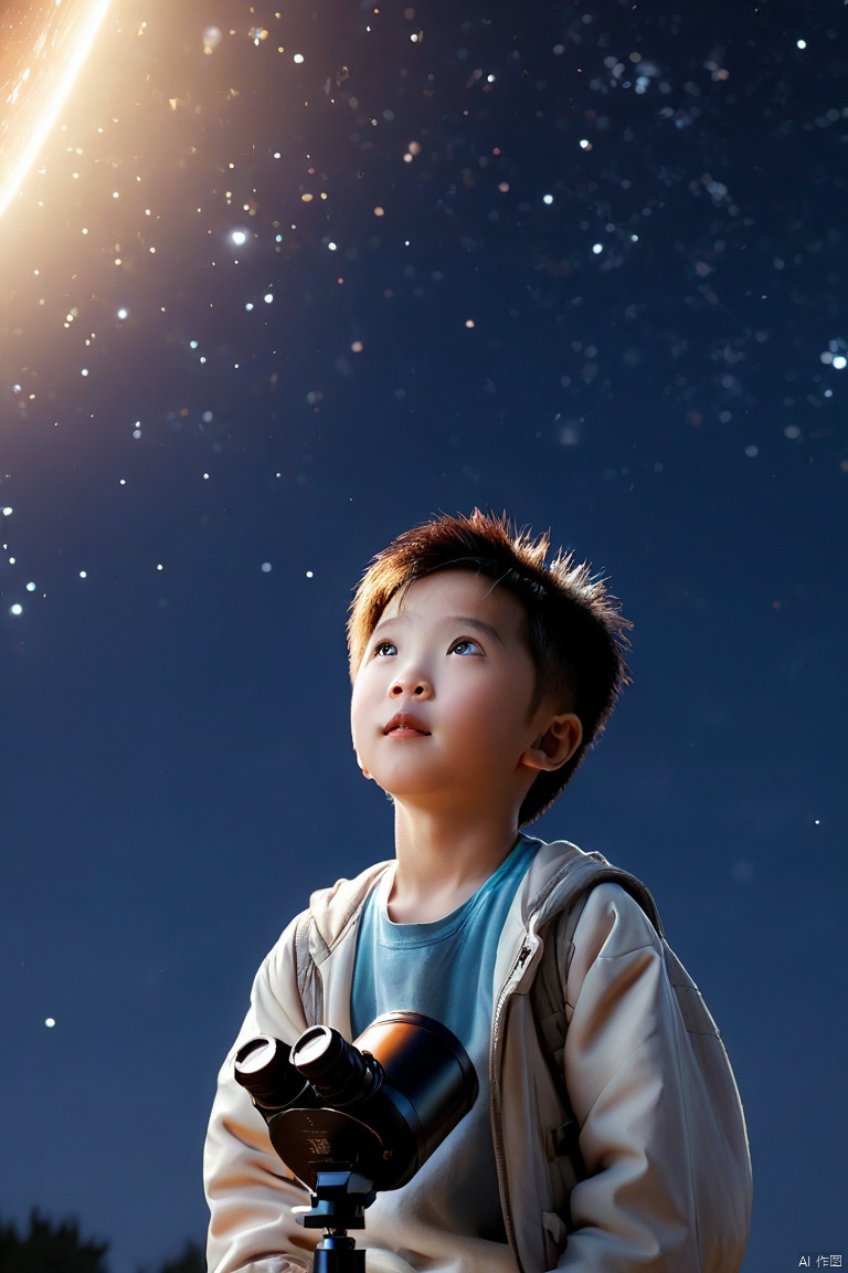  a chinese little boy,curious,surprised,happy,detailed face and eyes,upper body, watching the starry sky through a portable astronomical telescope ,full body,from_below, Glowing ambiance, enchanting radiance, luminous lighting, ethereal atmosphere, evocative hues, captivating coloration, dramatic lighting, enchanting aura, masterpiece, best quality, epic cinematic, soft nature lights, rim light, amazing, hyper detailed, ultra realistic, soft colors, photorealistic, Ray tracing, Cinematic Light, light source contrast