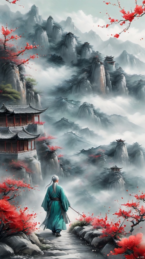 chinese waterink,monochrome,a chinese old male with long gray facial hair,floating gray hair, walking on mountain,looking up the sky,smile,from back,wearing cyan floating hanfu,chinese classical house and green mountain and red flowers and sky background,hyperrealism,ultra high res,4K,Best quality,masterpiece,ananmo