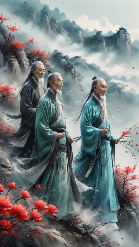  chinese waterink,monochrome,3 chinese old males with long gray facial hair,floating gray hair,standing on mountaintop,close up,wearing cyan floating hanfu,chinese classical house and green mountain and red flowers and sky background,hyperrealism,ultra high res,4K,Best quality,masterpiece,ananmo