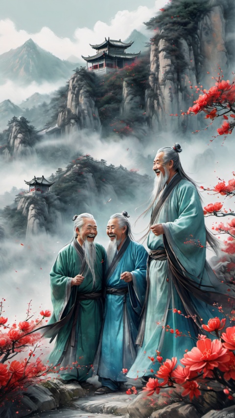  chinese waterink,monochrome,3 chinese old males with long gray facial hair,floating gray hair,standing on mountaintop,laugh,hugging eachother,wearing cyan floating hanfu,chinese classical house and green mountain and red flowers and sky background,hyperrealism,ultra high res,4K,Best quality,masterpiece,ananmo