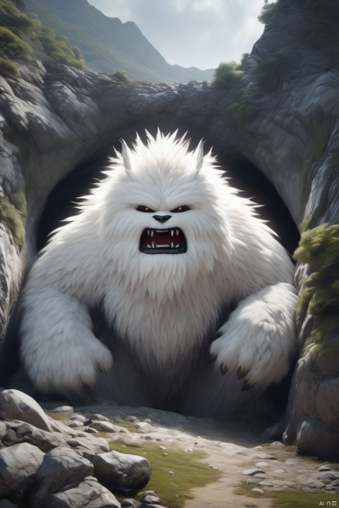 a monster with only white furry body and asian human face,standing in a hole of mountain,hyperrealism,ultra high res,4K,Best quality,masterpiece,  
