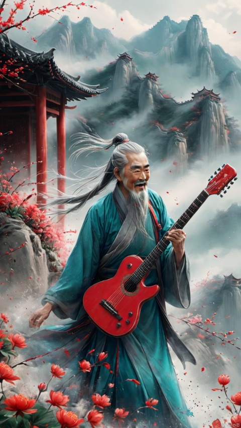 chinese waterink,monochrome,a chinese old male with long gray facial hair,opened clothes,playing red electric guitar,crazy shouting,detailed face,standing on stage,wearing cyan hanfu,floating gray hair,bent over or lean back,from below,chinese classical house and green mountain and red flowers and sky  background,hyperrealism,ultra high res,4K,Best quality,masterpiece,ananmo