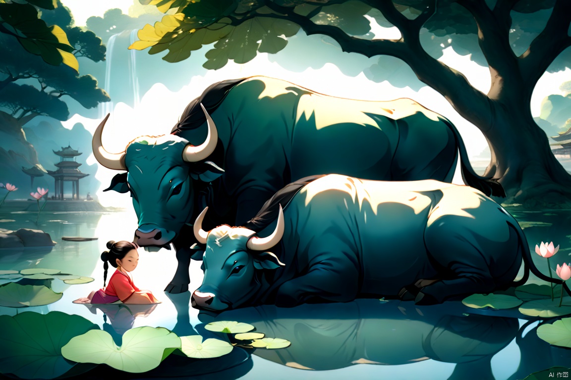  an ancient Chinese child and a water buffalo,  sleeping in shadow of a big tree, some lotus in pond, afternoon,summer, Glowing ambiance, enchanting radiance, luminous lighting, ethereal atmosphere, evocative hues, captivating coloration, dramatic lighting, enchanting aura, masterpiece, best quality, epic cinematic, soft nature lights, rim light, amazing, hyper detailed, ultra realistic, soft colors, photorealistic, Ray tracing, Cinematic Light, light source contrast, 