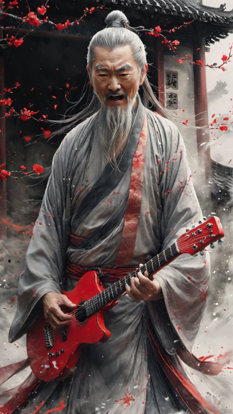  chinese waterink,monochrome,a chinese old male with long gray facial hair,playing a red electric guitar,floating gray hair,undercut,close up of head,wearing hanfu,from below,looking_at_viewer,yelling,chinese classical house background,hyperrealism,ultra high res,4K,Best quality,masterpiece,ananmo