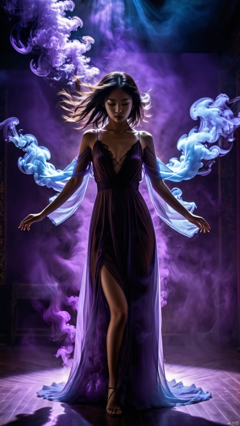 silhouette of a lonely chinese girl made of smoke,dancing,rise arms,floating hair, brown silk short night_gown,purple and blue neon lights  , very dark bedroom background,ethereal atmosphere, evocative hues, captivating coloration, dramatic lighting, masterpiece, best quality, epic cinematic, amazing, hyper detailed,  Ray tracing, strong contrast, bailing_darkness,a girl made of black smoke