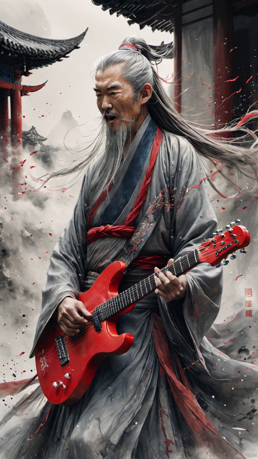  chinese waterink,monochrome,a chinese old male with long gray facial hair,playing a red electric guitar,crazy shouting,floating gray hair,undercut,close up of head,wearing hanfu,from below,looking_at_viewer,chinese classical house background,hyperrealism,ultra high res,4K,Best quality,masterpiece,ananmo