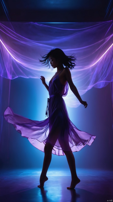 silhouette of a lonely chinese girl dancing ,rise arms,floating hair, brown silk short nightgown,purple and blue neon lights  , very dark bedroom background,ethereal atmosphere, evocative hues, captivating coloration, dramatic lighting, masterpiece, best quality, epic cinematic, amazing, hyper detailed,  Ray tracing, strong contrast,