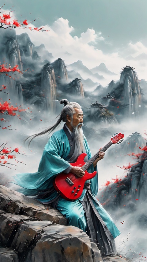 chinese waterink,monochrome,a strong chinese old male with long gray facial hair,playing a red ((electric)) guitar,crazy,standing on rock stage,wearing cyan hanfu,floating gray hair,from side,far away,chinese classical house and green and red mountain and sky  background,hyperrealism,ultra high res,4K,Best quality,masterpiece,ananmo
