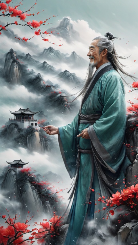 chinese waterink,monochrome,a chinese old male holding long gray facial hair,floating gray hair,standing on mountain,stargazing ,looking up the sky,smile,from below,wearing cyan floating hanfu,chinese classical house and green mountain and red flowers and sky background,hyperrealism,ultra high res,4K,Best quality,masterpiece,ananmo