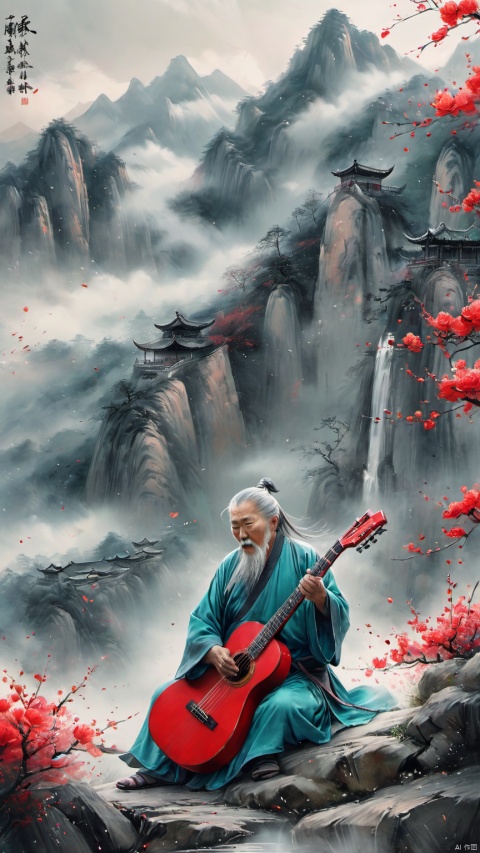  chinese waterink,monochrome,a chinese old male with long gray facial hair,floating gray hair,wearing cyan floating hanfu,standing on mountain,playing a red electric guitar,bent over,shouting,bare muscular arm,opened cloth,from below,chinese classical house and green mountain and red flowers and sky background,hyperrealism,ultra high res,4K,Best quality,masterpiece,ananmo