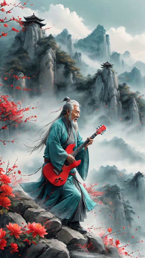 chinese waterink,monochrome,a chinese old male with long gray facial hair,opened clothes,playing red ((electric)) guitar,crazy shouting,detailed face,standing on rock stage,wearing cyan hanfu,floating gray hair,bent over,from side,chinese classical house and green mountain and red flowers and sky  background,hyperrealism,ultra high res,4K,Best quality,masterpiece,ananmo