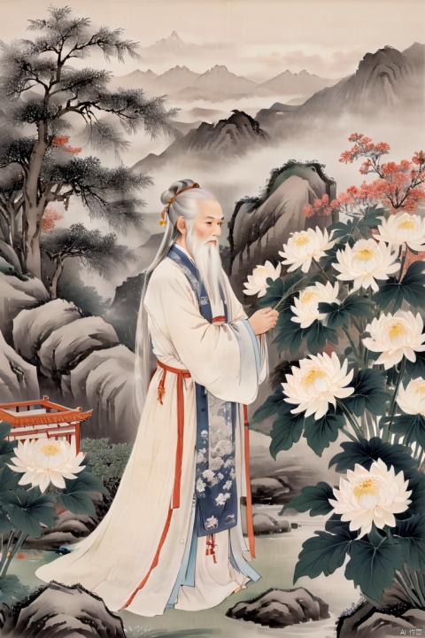 an old Chinese male with long beard and white hair,standing on yard around many chrysanthemums and bamboo , wearing  hanfu,upper body,bend over, touching chrysanthemums ,from side,chinese classical house and mountain background,outdoor,chinese waterink,monochrome,hyperrealism,ultra high res,4K,Best quality,masterpiece, 3dIcon, traditional chinese ink painting