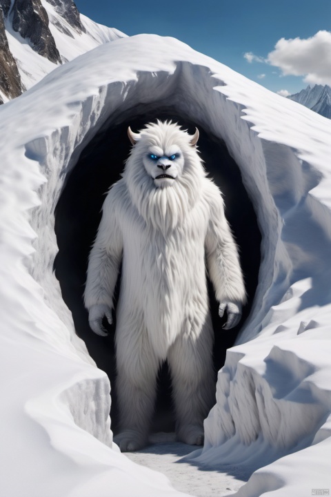  a monster with only white furry body and a human face,standing in a hole of snow mountain,hyperrealism,ultra high res,4K,Best quality,masterpiece,