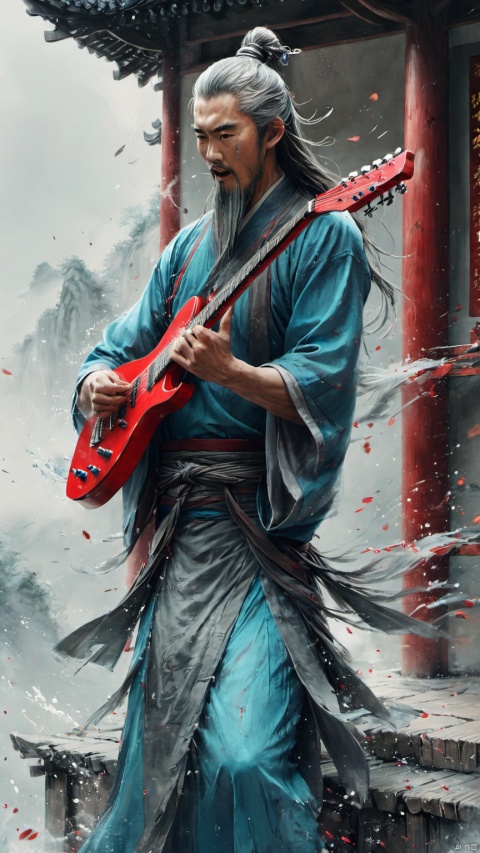 chinese waterink,monochrome,a chinese male with long facial hair,playing a red electric guitar,crazy shouting,upper body,floating gray hair,close up of head,wearing cyan floating hanfu,bare muscular arms,bare_shoulders , opened clothes,from below,standing on wood stage,chinese classical house background,hyperrealism,ultra high res,4K,Best quality,masterpiece,ananmo