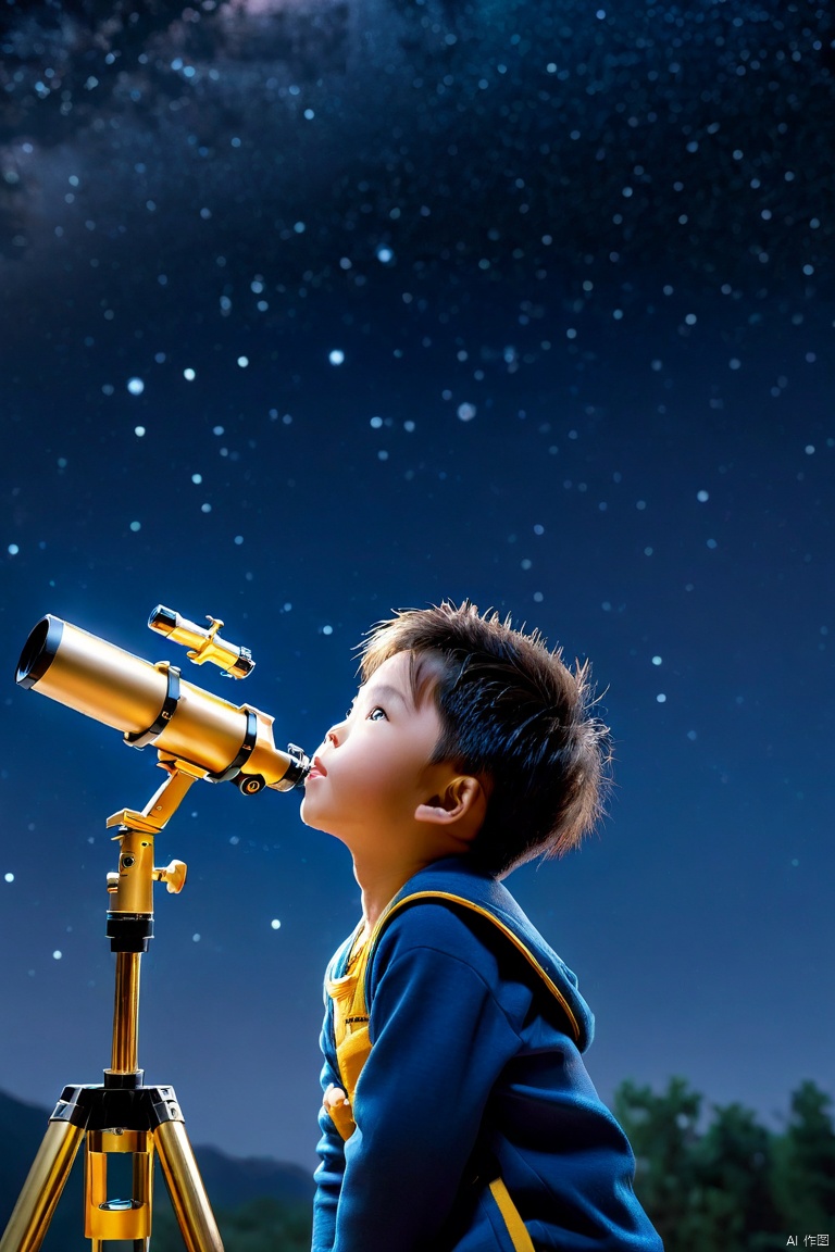  a chinese little boy,curious,surprised,happy,detailed face and eyes,upper body, watching the starry sky through a portable astronomical telescope ,full body,from_below, Glowing ambiance, enchanting radiance, luminous lighting, ethereal atmosphere, evocative hues, captivating coloration, dramatic lighting, enchanting aura, masterpiece, best quality, epic cinematic, soft nature lights, rim light, amazing, hyper detailed, ultra realistic, soft colors, photorealistic, Ray tracing, Cinematic Light, light source contrast