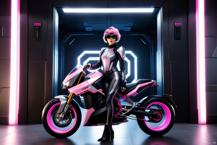 1girl, a large graphics card under her,  wearing a gray black mecha, wearing pink frameless goggles , short pink hair, with a black motorcycle beside her. dark background of a door made by PCB, in a sci-fi style, Glowing ambiance, enchanting radiance, luminous lighting, ethereal atmosphere, evocative hues, captivating coloration, dramatic lighting, enchanting aura, masterpiece, best quality, epic cinematic, soft nature lights, rim light, amazing, hyper detailed, ultra realistic, soft colors, photorealistic, Ray tracing, Cinematic Light, light source contrast,  