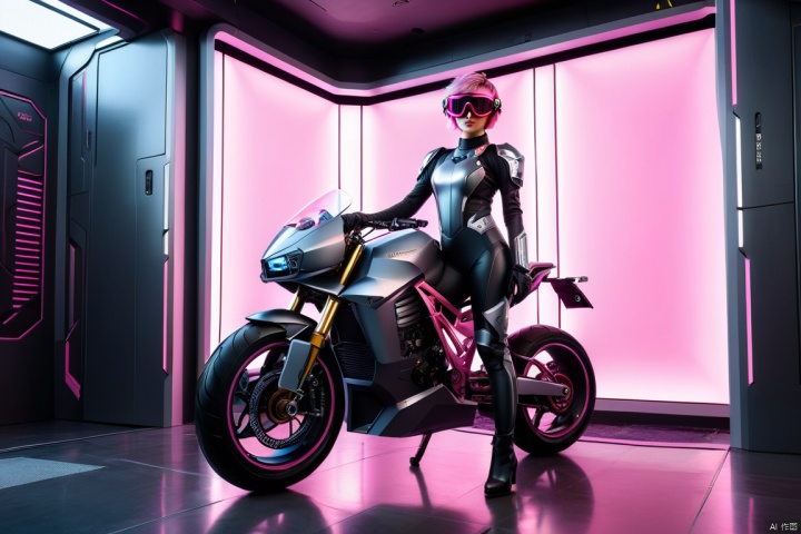 1girl,(standing on a huge graphics card:1.5),  wearing a gray black mecha, wearing pink frameless goggles , short pink hair, with a motorcycle beside her. dark background of a door made by PCB, in a sci-fi style, Glowing ambiance, enchanting radiance, luminous lighting, ethereal atmosphere, evocative hues, captivating coloration, dramatic lighting, enchanting aura, masterpiece, best quality, epic cinematic, soft nature lights, rim light, amazing, hyper detailed, ultra realistic, soft colors, photorealistic, Ray tracing, Cinematic Light, light source contrast,  