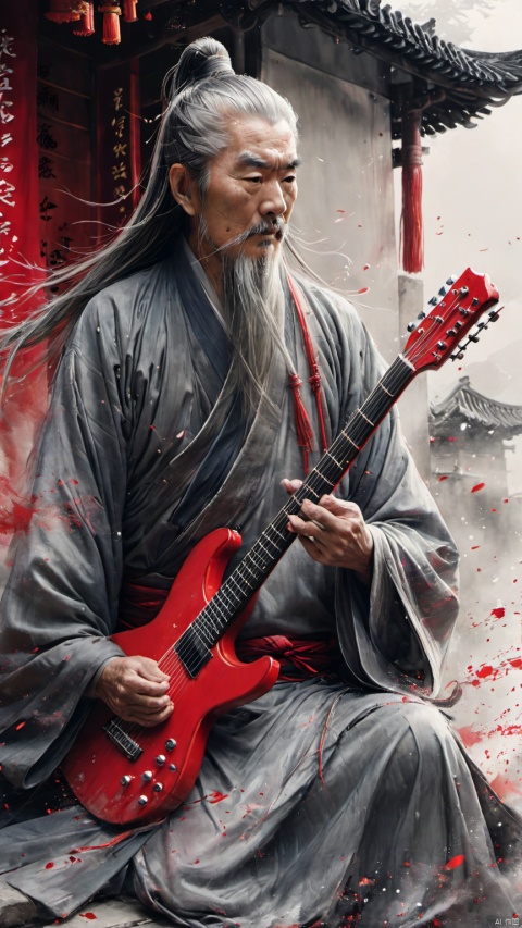  chinese waterink,monochrome,a chinese old male with long gray facial hair,playing a red electric guitar,floating gray hair,undercut,close up of head,wearing hanfu,from below,looking_at_viewer,angry serious expressions,chinese classical house background,hyperrealism,ultra high res,4K,Best quality,masterpiece,ananmo