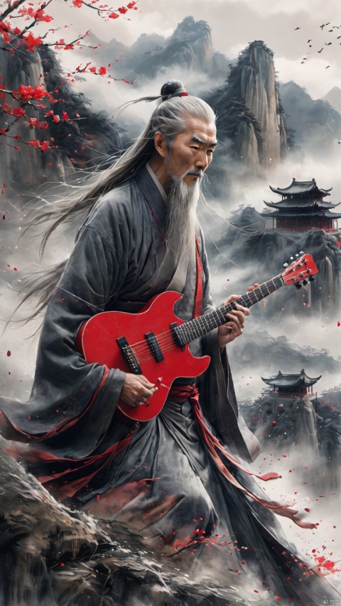  chinese waterink,monochrome,a chinese old male with long gray facial hair,playing a red electric guitar,floating gray hair,undercut,close up of head,wearing hanfu,from below,looking_at_viewer,angry serious expressions,chinese classical house and mountain and sky background,hyperrealism,ultra high res,4K,Best quality,masterpiece,ananmo