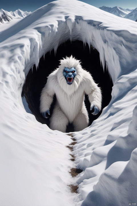  a monster with only white furry body and ((a human face)),standing in a hole of snow mountain,hyperrealism,ultra high res,4K,Best quality,masterpiece,