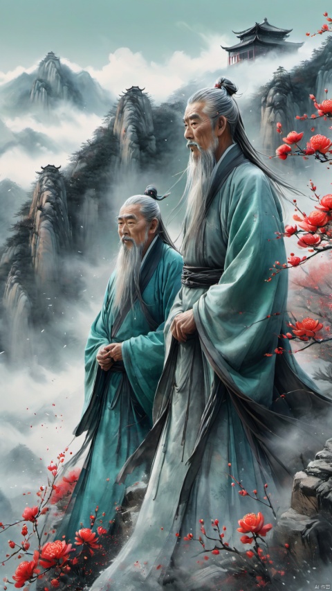  chinese waterink,monochrome,2 chinese old males with long gray facial hair,floating gray hair,standing on mountaintop,close up,wearing cyan floating hanfu,chinese classical house and green mountain and red flowers and sky background,hyperrealism,ultra high res,4K,Best quality,masterpiece,ananmo