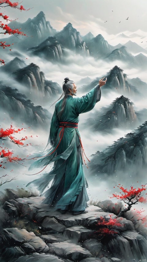  chinese waterink,monochrome,a chinese male with long gray facial hair,floating gray hair,standing on mountaintop,stargazing ,raised fists,waving arms,wearing cyan floating hanfu,far away,from below,from back,upper body,chinese classical house and green and  red mountain  and sky background,hyperrealism,ultra high res,4K,Best quality,masterpiece,ananmo