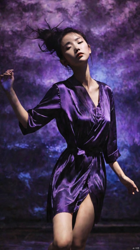 silhouette of a lonely chinese girl dancing ,rise arms,floating hair, brown silk short nightgown,purple and blue neon lights  , very dark bedroom background,ethereal atmosphere, evocative hues, captivating coloration, dramatic lighting, masterpiece, best quality, epic cinematic, amazing, hyper detailed,  Ray tracing, strong contrast,
