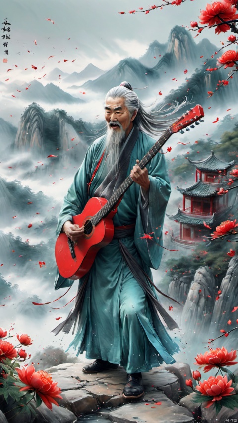 chinese waterink,monochrome,a chinese old male with long gray facial hair,opened clothes,playing red electric guitar,crazy shouting,detailed face,standing on rock stage,wearing cyan hanfu,floating gray hair,bent over,from above,chinese classical house and green mountain and red flowers and sky  background,hyperrealism,ultra high res,4K,Best quality,masterpiece,ananmo