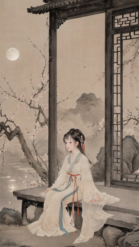 1 chinese girl sitting at steps of door, looking at moon in the sky, black eyes,wearing hanfu,gloom (expression) ,from below,detailed face,chinese ancient house background,petals and leaves on ground,cool tone,night, ethereal atmosphere, evocative hues, captivating coloration, dramatic lighting, enchanting aura, masterpiece, best quality, epic cinematic, soft nature lights, rim light, amazing, hyper detailed, ultra realistic, soft colors, photorealistic, Ray tracing, Cinematic Light, light source contrast,black and white ink painting , traditional chinese ink painting,willow branches,willow tree in background