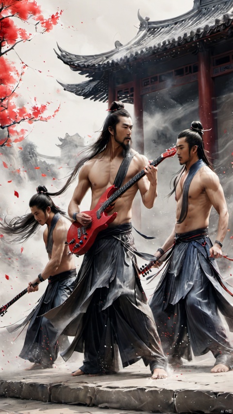  chinese waterink,monochrome,close-up of rock band,3 chinese strong males with long facial hair,bare muscular arms,bare_shoulders , opened clothes,playing red electric guitar,crazy shouting,upper_body,standing on wood stage,wearing hanfu,floating hair,bent over,from below,chinese classical house background,hyperrealism,ultra high res,4K,Best quality,masterpiece,ananmo