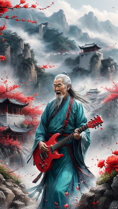 chinese waterink,monochrome,a chinese old male with long gray facial hair,playing red ((electric)) guitar,crazy shouting,detailed face,colse up of (((upper body))),wearing cyan hanfu,floating gray hair,lean back,(((looking_at_viewer))),from below,chinese classical house and green mountain and red flowers and sky  background,hyperrealism,ultra high res,4K,Best quality,masterpiece,ananmo
